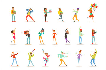 Fototapeta na wymiar Happy people celebrating, giving gifts and having fun at a birthday party set of colorful characters vector Illustrations