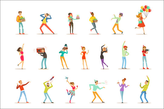 Happy people celebrating, giving gifts and having fun at a birthday party set of colorful characters vector Illustrations