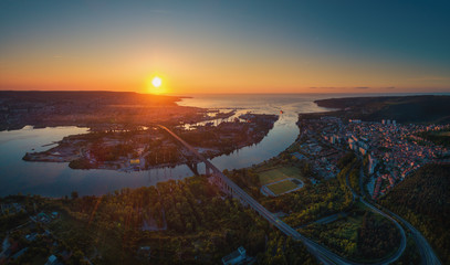 Aerial panorama drone view of Asparuhov bridge and Varna city, Bulgaria