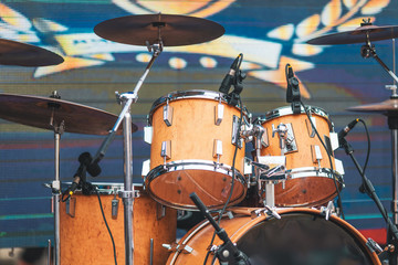 Drum kit on stage lights performance. Live music. Festival and show musical background