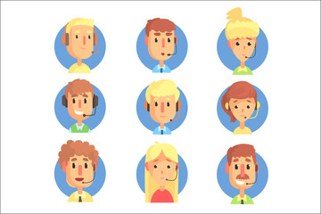 Cartoon male and female call centre operators with headset set, customer support service colorful vector illustrations