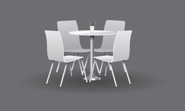 White Modern Round Table With Chairs. Vector Illustration.