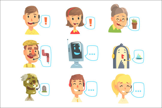 Set of funny call centre operators with headset, customer support service colorful vector illustrations