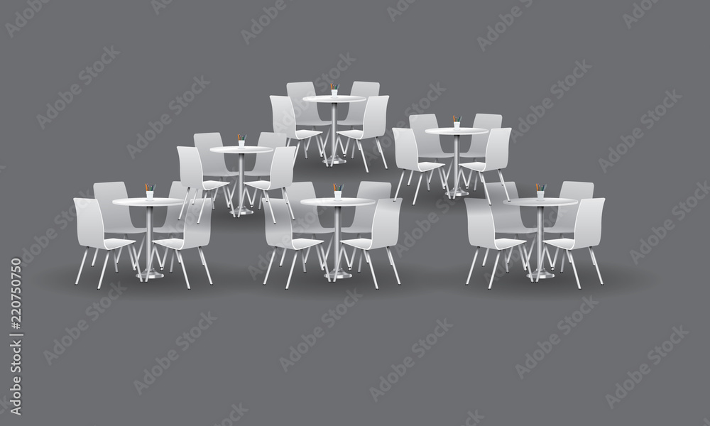 Wall mural group of white modern round tables with chairs. vector illustration.