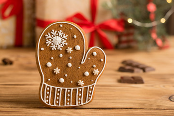 Christmas homemade gingerbread cookies on wooden table