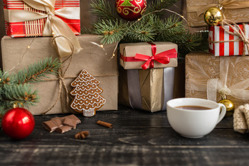 Christmas homemade gingerbread cookies on wooden table