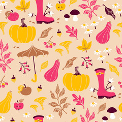 Obraz na płótnie Canvas Seamless Autumn Pattern with Pumpkin, Umbrella and Leaves.