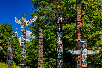 First Nations American Indian totem poles in Stanley Park in Vancouver Canada