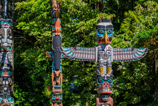 First Nations American Indian totem poles in Stanley Park in Vancouver Canada