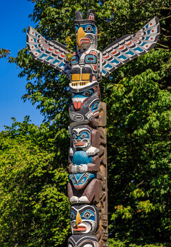 First Nations American Indian thunderbird totem pole in Stanley Park in Vancouver Canada