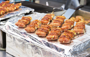 Street food, sausages on stick, Seoul, South Korea