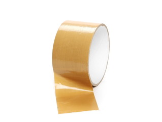 Yellow, cardboard duct, repair tape roll isolated on white background