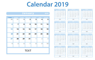 2019 monthly calendar in soft blue and white colors