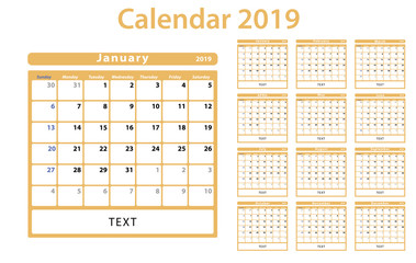 2019 monthly calendar in gold and white colors