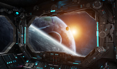 Spaceship grunge interior with view on exoplanet © sdecoret