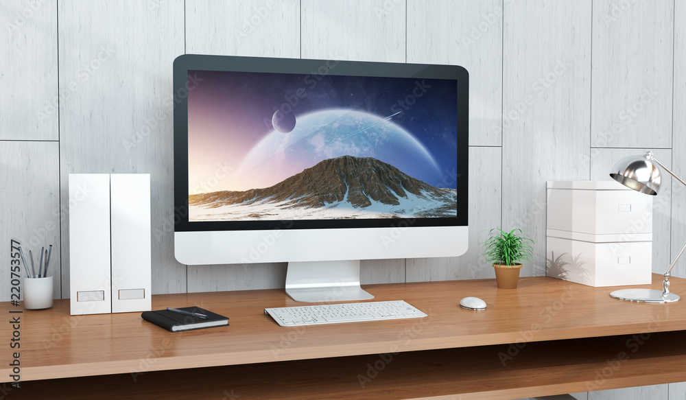 Poster computer and devices on modern wooden desk interior 3d rendering
