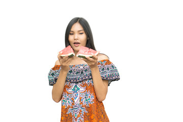 portrait of beautiful asian woman with watermelon isolated on white background. summer and vacations