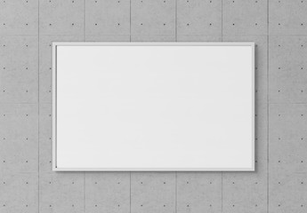 White rectangular horizontal frame hanging on a white wall mockup 3D rendering - obrazy, fototapety, plakaty