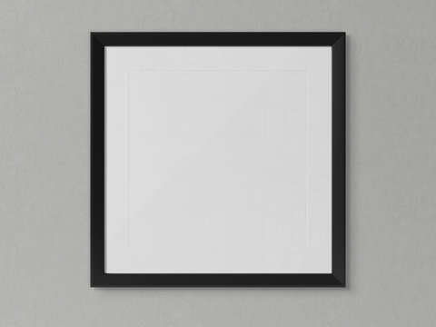 Black squared frame hanging on a white wall mockup 3D rendering
