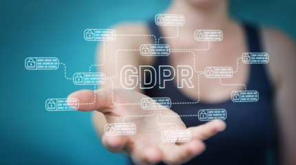 Businesswoman protecting her datas with GDPR law interface