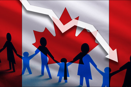 Canada flag background of the arrow chart down. Decrease in the number of the country's rape. Fertility below the measurement