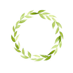 Minimalistic handpainted watercolor green wreath. Beautiful decorative hand-made design element isolated on white background