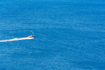 amazing view to yacht and clear dark blue water summer paradise. Copy space