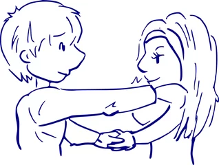 Fototapeten Junge und Mädchen Arm auf Schulter Cartoon-Zeichnung © emieldelange