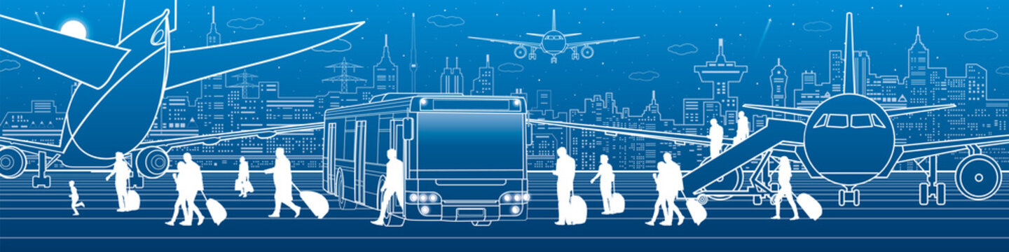Airport illustration. Aviation transportation infrastructure. The plane is on the runway. Passengers board an airplane from the bus. Night city on background, vector design art
