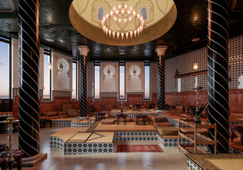 Large lounge hall with hookahs in oriental style. 3d render