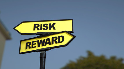 A road sign with risk reward words . 3d image.
