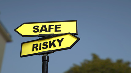 A road sign with safe risky words. 3d image.