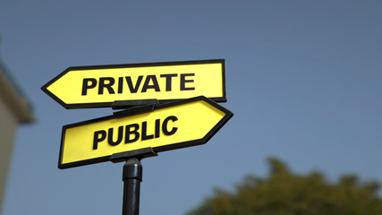 A road sign with private public words . 3d image.