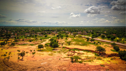 Aerial Panoramic landscape view to sahel and oasis at Dogondoutchi, Niger - obrazy, fototapety, plakaty
