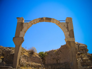 Panoramic view to Ephesus ruin arch in Turkey