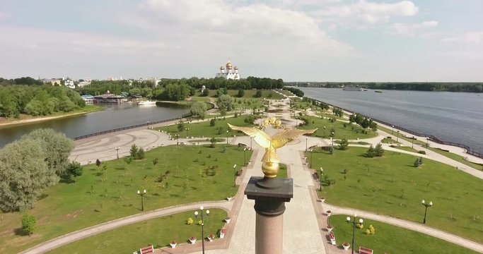Russia, Yaroslavl, Golden Ring. Strelka Park, Monument 1000 years Yaroslavl and Assumption Cathedral, aerial, flight, view from the top