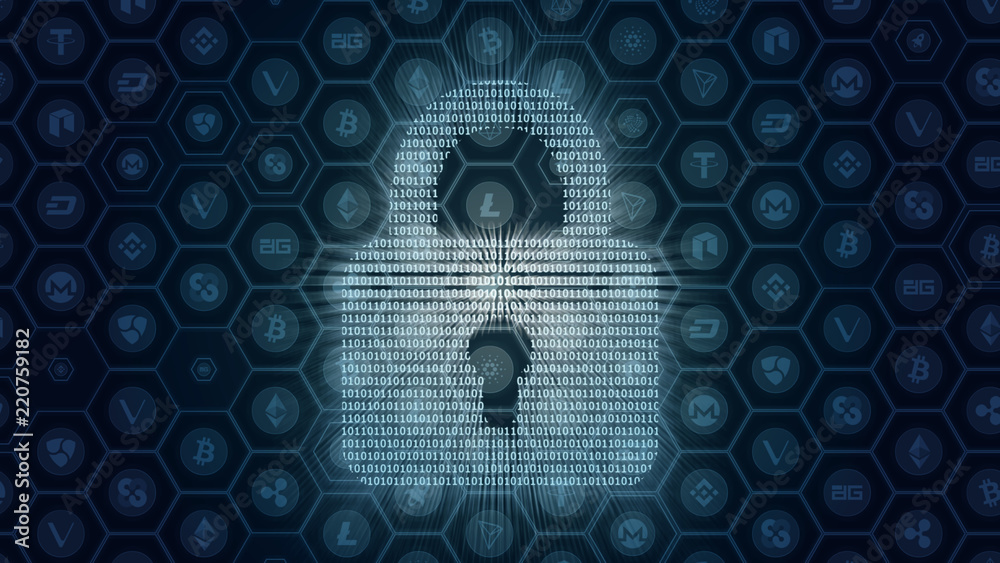 Poster abstract concept of crypto currencies security. binary numbers form up a shape of glowing motion mov