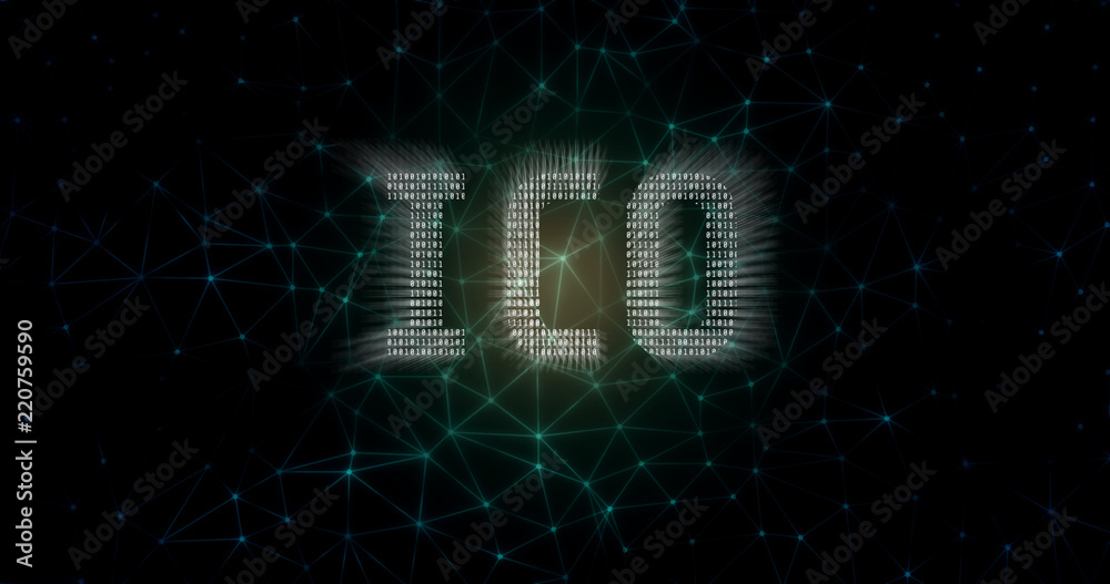 Poster initial coin offering (ico) text written in binary format on abstract wired network background. for 