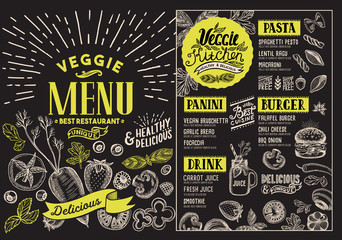 Vegetarian menu for restaurant. Vector food flyer for bar and cafe. Design template with food hand-drawn graphic illustrations on blackboard background.
