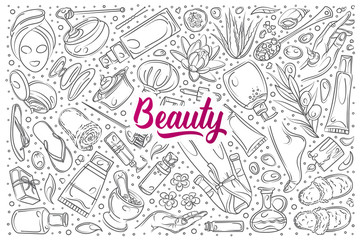 Hand drawn beauty set doodle vector background