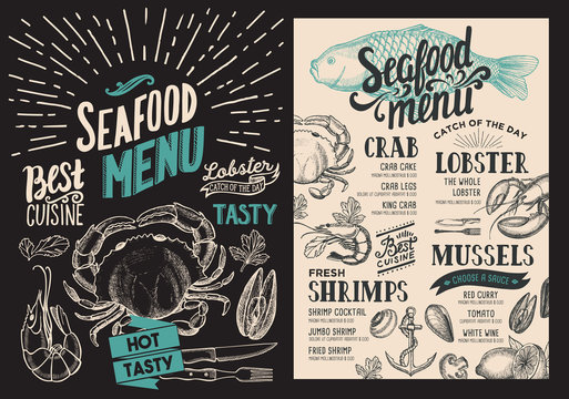Seafood menu for restaurant. Vector food flyer for bar and cafe. Design template with vintage hand-drawn illustrations.