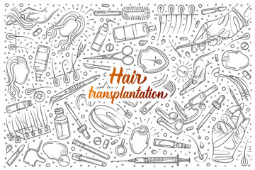 Hand drawn hair transplantation set doodle vector background