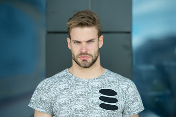 Metrosexual concept. Guy bearded attractive care about style and appearance. Man with bristle...