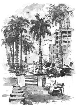 Downtown with street and buildings of Miami City in Florida, USA. Watercolor splash with hand drawn sketch illustration in. retro colorful watercolor silhouettes of palm trees.