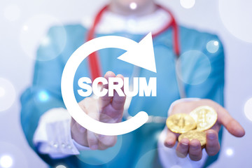 Female doctor clicks a scrum reload arrow and offers a gold coins. Scrum Process Medicine concept. Agile Methodology Healthcare Algorithm Life Cycle.