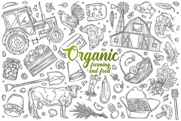 Hand drawn organic farming and food set doodle vector background