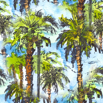 Seamless patternwith tropical palm trees.. Watercolor splash with hand drawn sketch illustration. retro colorful