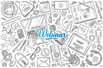 Obraz premium Hand drawn webinar set doodle vector background