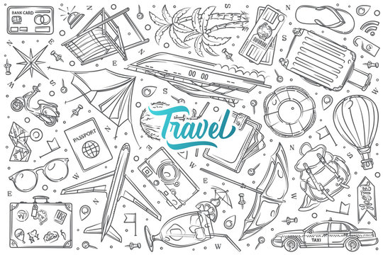 Hand drawn travel, vacation set doodle vector background