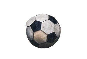 Close up of old and dirty soccer ball. Isolated on white background.